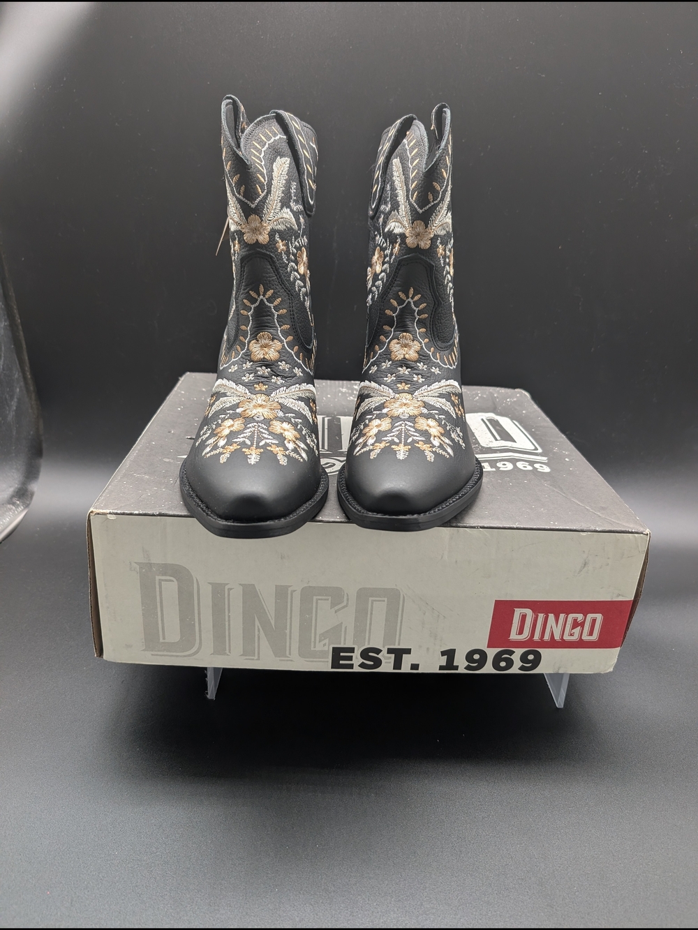 Dingo Black/Brown Floral Embroidered Western Ankle Boots - Picture 2 of 4